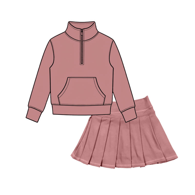 6.30 Preorder Girls Dark Pink Zip Pullover & Pleated Skort 2 Piece Active Outfit