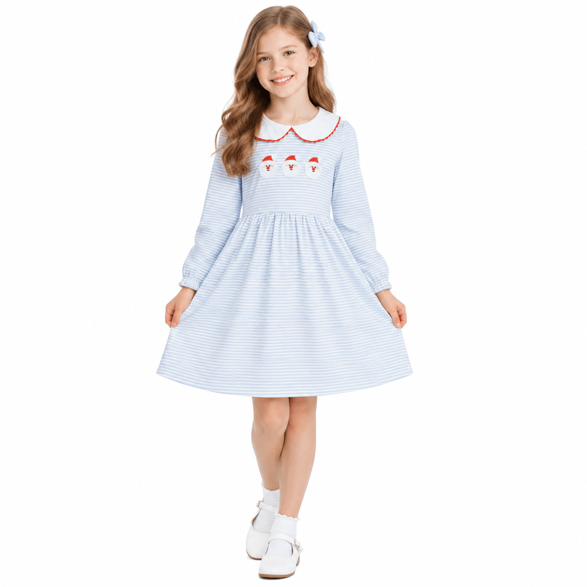 GLD1673 Santa Embroidery Blue Stripes Girls Christmas Long Sleeve Knee Length Dress