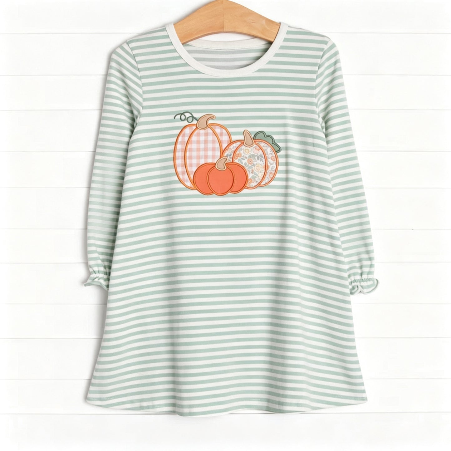 7.4 Preorder GLD1674 Pumpkin Green Stripes Girls Fall Dress
