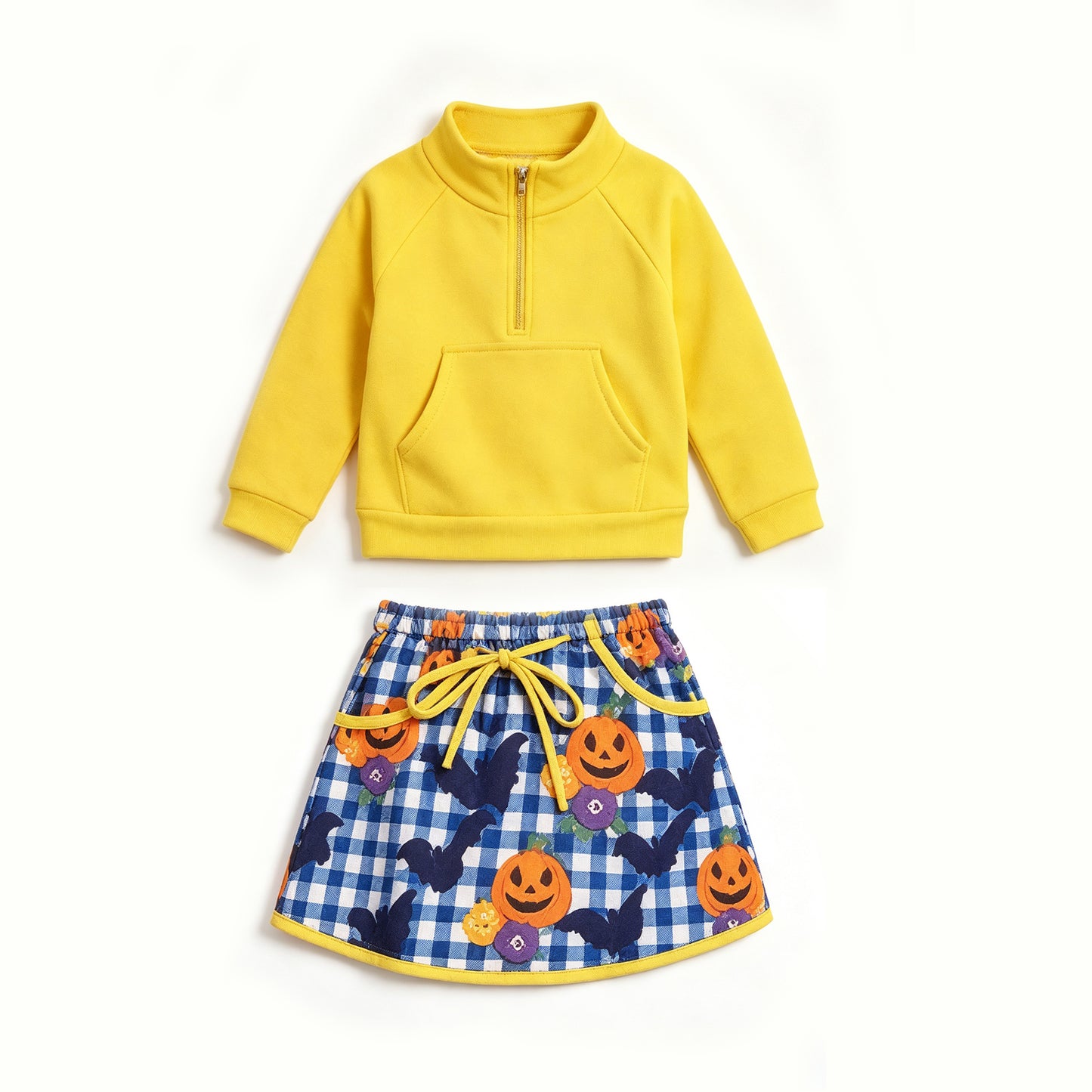 7.11 Preorder Kids Girls Yellow Pullover Top with Pumpkin Skort Outfit