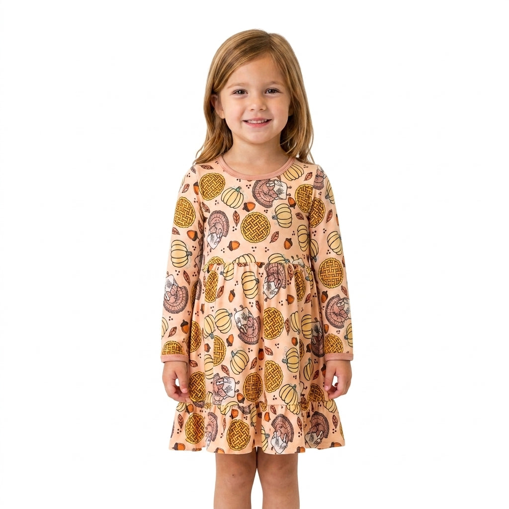 GLD1691 Turkey Pumpkin Pie Print Girls Thanksgiving Long Sleeve Dress