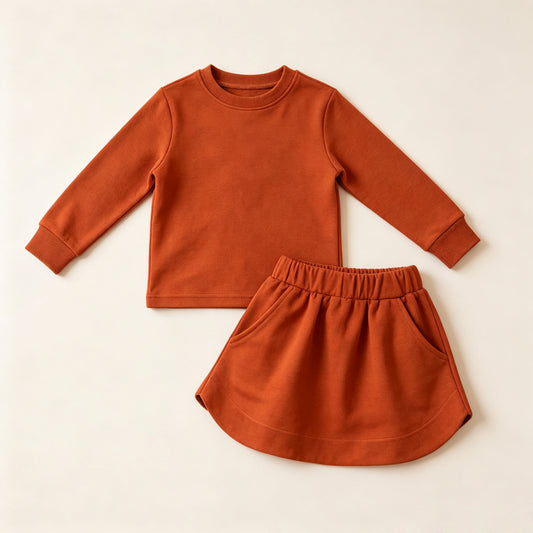 7.20 GLD1696 Preorder Pumpkin Cotton Long Sleeve Top Skort Girls Fall Clothes Set
