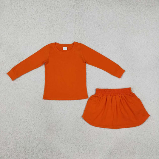 GLD1696 Orange Cotton Long Sleeve Top Pockets Skort Girls Fall Clothes Set