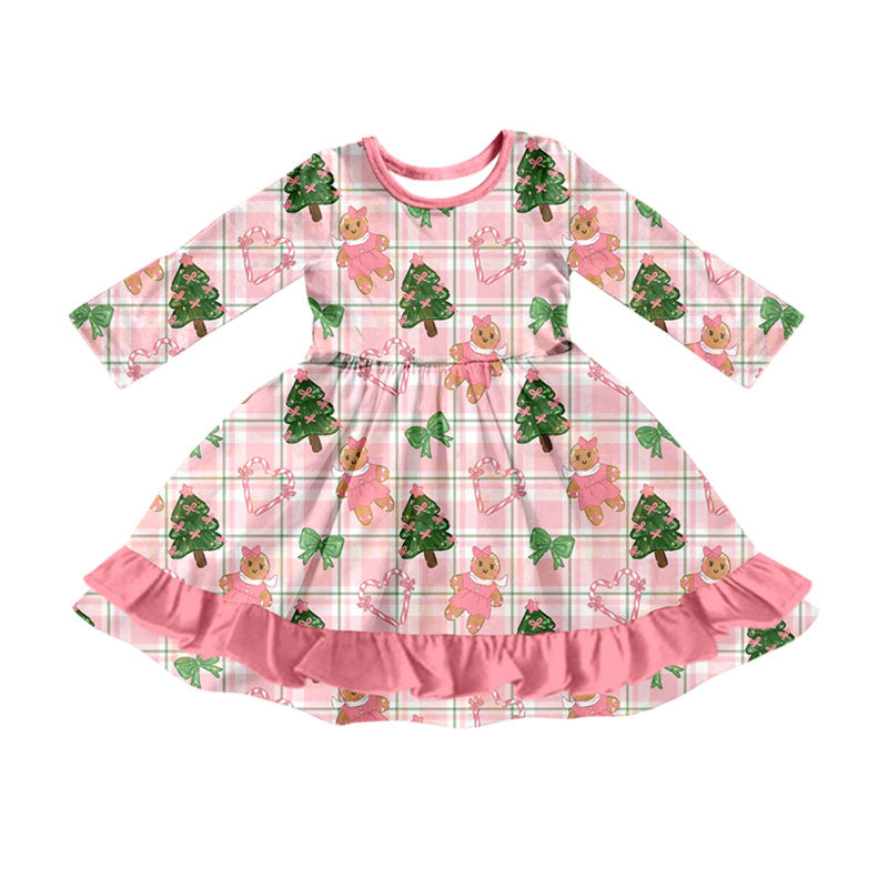 7.28 GLD1714 Preorder Gingerbread Tree Bows Checkered Print Girls Christmas Dress