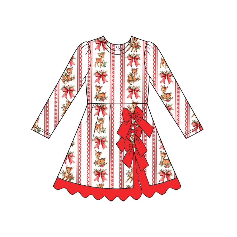 7.29 Preorder Baby Girls Christmas Deer Bow Long Sleeve Active Dress