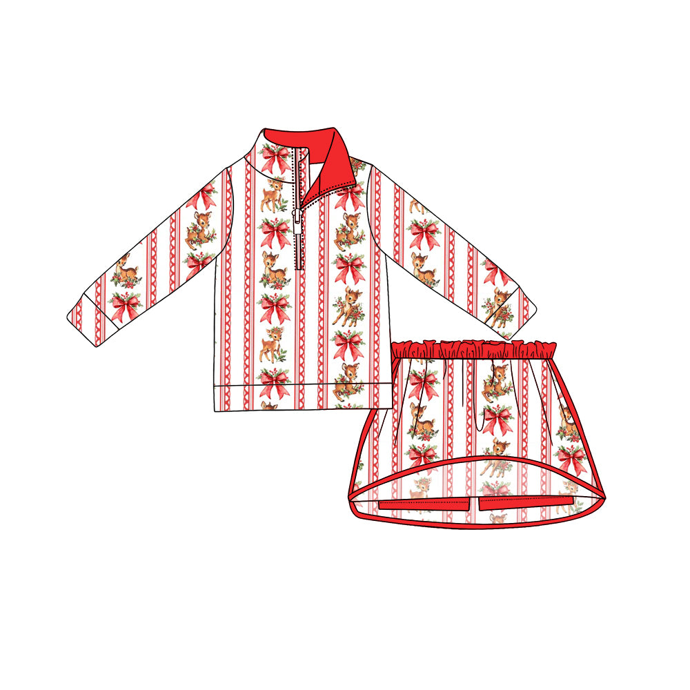 7.29 Preorder Baby Girls Christmas Deer Bow Long Sleeve Pullover Top with Skort Active Set