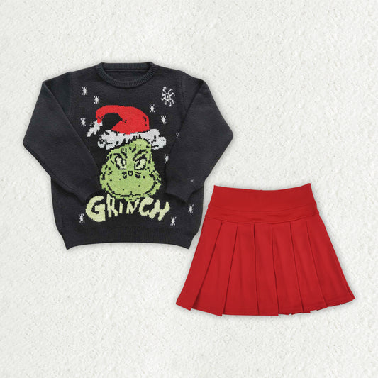 GLD1720 Green Frog Black Sweater Top Red Active Skort Girls Christmas Clothes Set