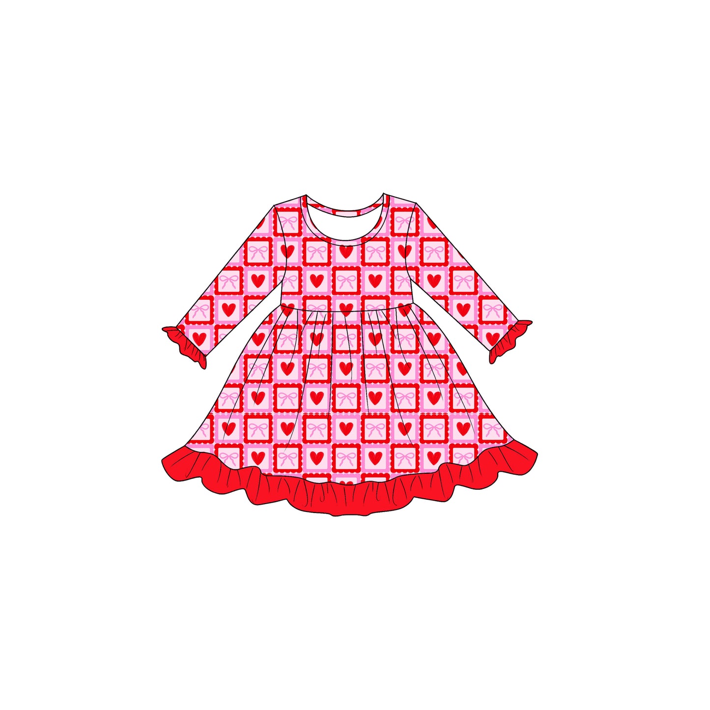 8.3 Preorder Kids Girls Valentine's Day Heart Bow Long Sleeve Dress