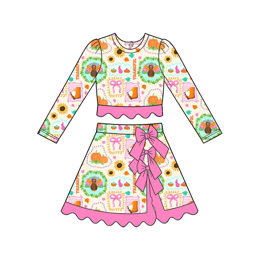 9.5 Preorder Baby Girls Thankgiving Tie Pumpkin Turkey Bow Active Outfit