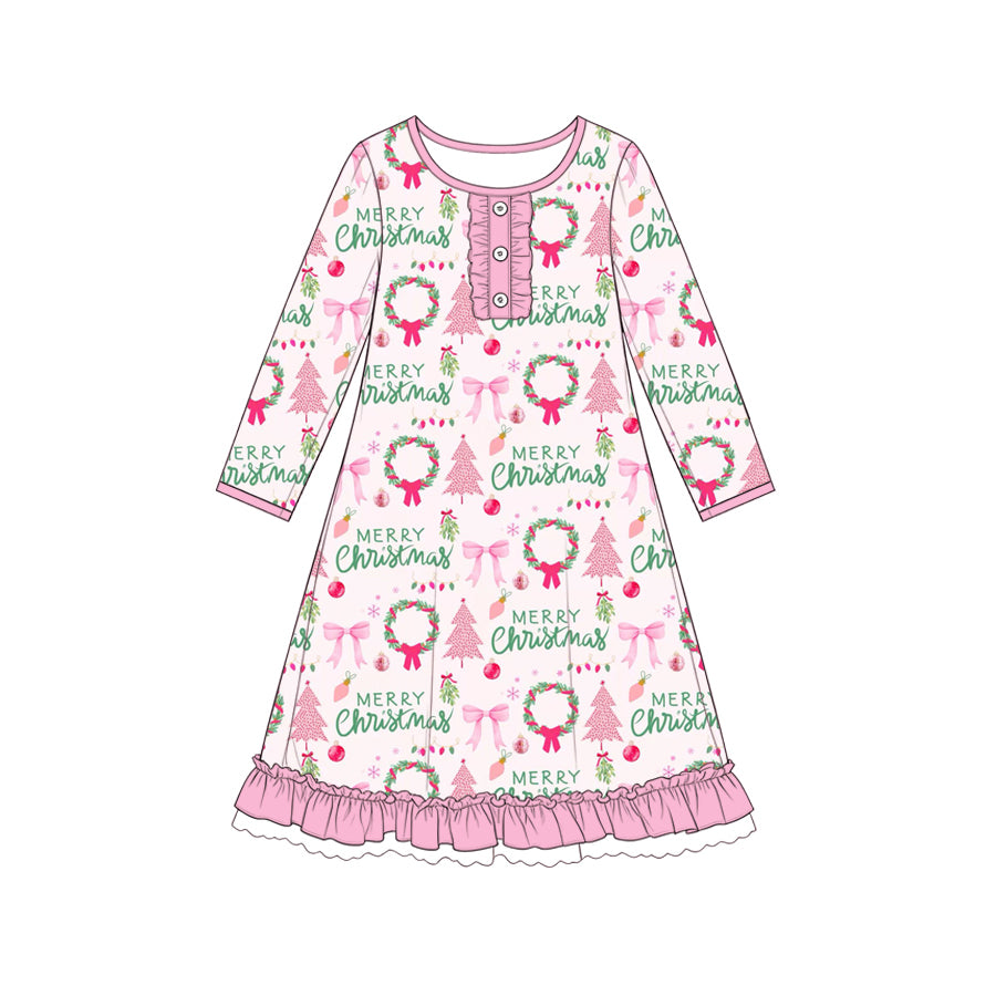 8.6 GLD1734 Preorder Tree Bows Pink Print Girls Christmas Knee Length Dress
