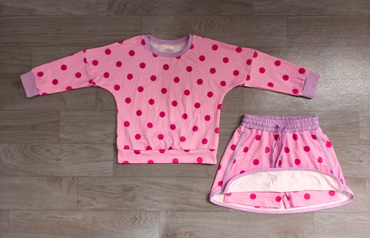 8.15 GLD1763 Preorder Kids Pink Polka Dot Sweatshirt Skirt Set Long Sleeve Cute Little Girls Casual Outfit