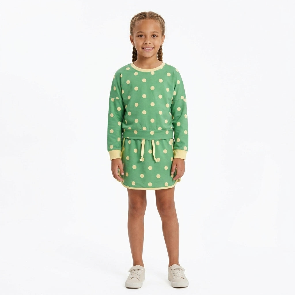 GLD1764 Green Polka Dot Girls Long Sleeve Top Skort Outfits