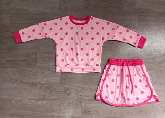 GLD1765 Light Pink Polka Dot Girls Long Sleeve Top Skort Outfits