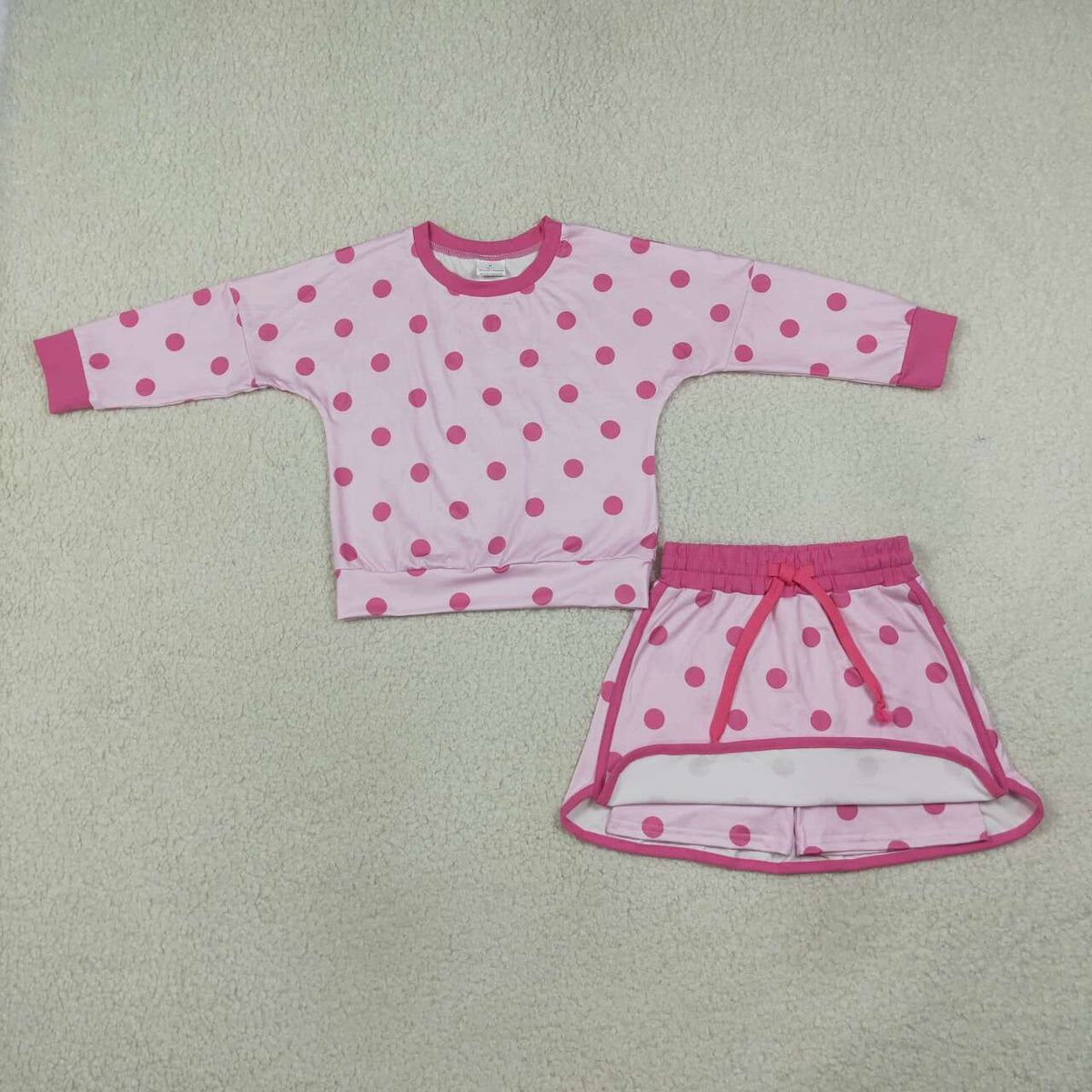 GLD1765 Light Pink Polka Dot Girls Long Sleeve Top Skort Outfits