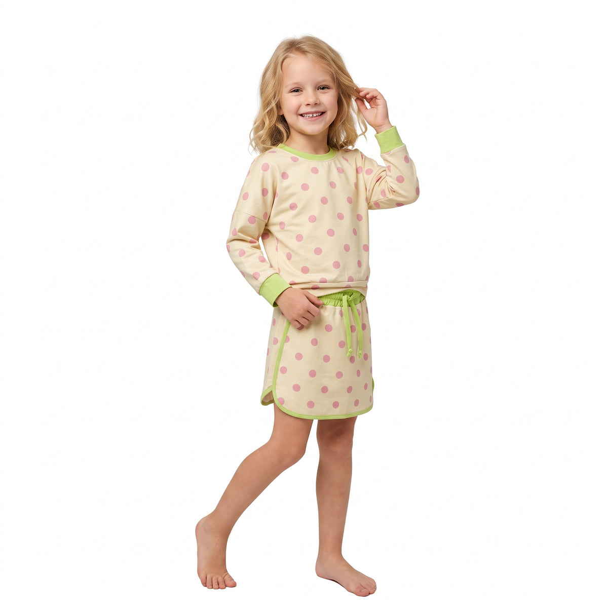 GLD1766 Yellow Polka Dot Girls Long Sleeve Top Skort Outfits