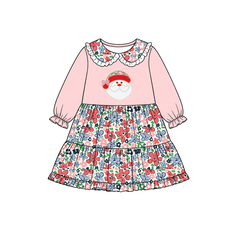 8.17 GLD17607 Preorder Santa Flowers Pink Print Girls Doll Collar Christmas Knee Length Dress