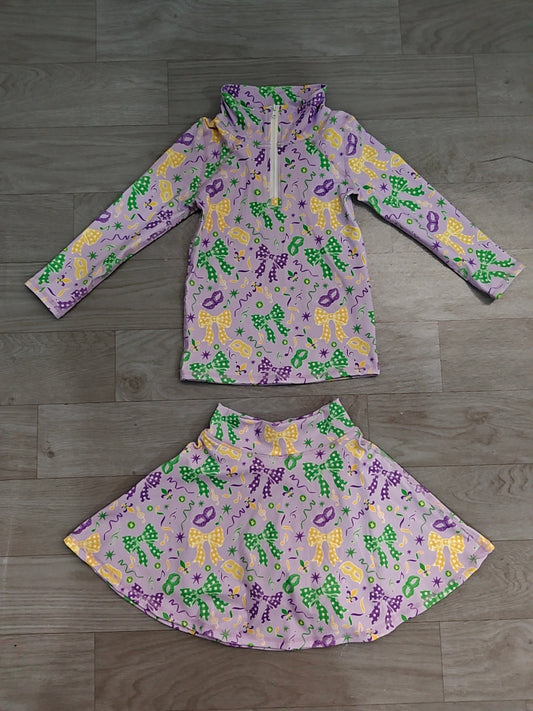 9.2 GLD1792 Preorder Mask Bows Zipper Pullover Top Skort Girls Mardi Gras Yoga Clothes Set