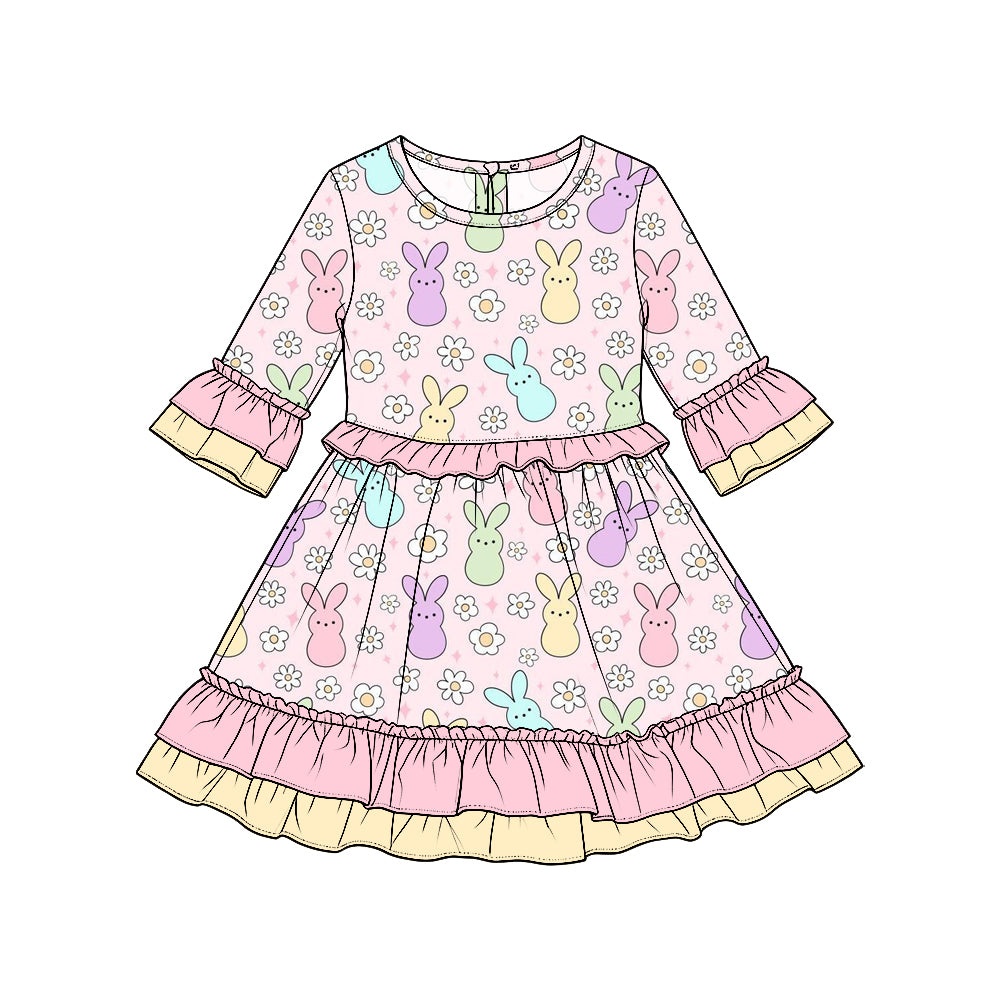 9.4 GLD1794 Preorder Colorful Bunny Flowers Print Girls Easter Knee Length Dress