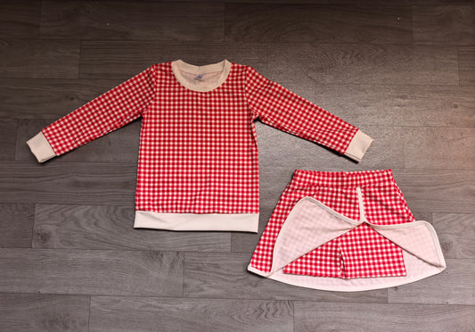 9.7 GLD1797 Preorder Red Checkered White Edge Top Skirts Girls Yoga Clothes Set
