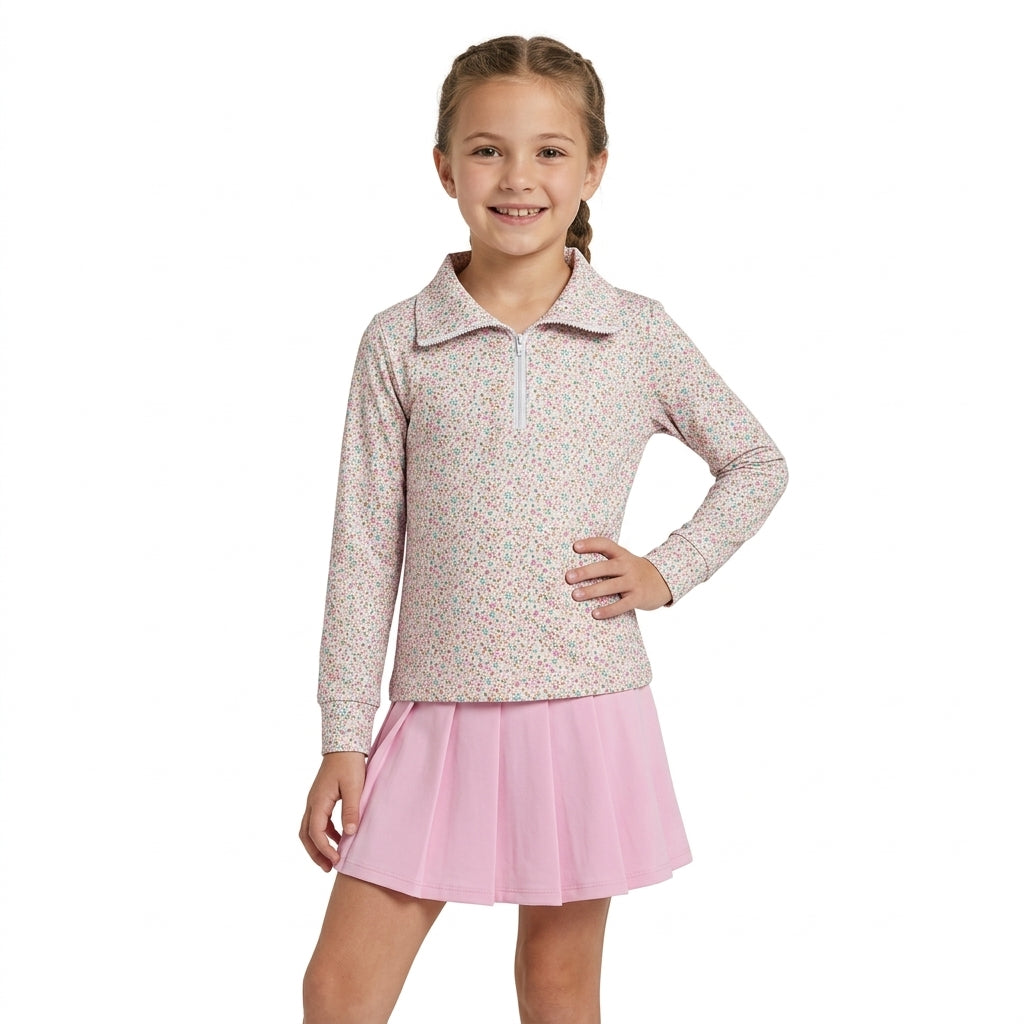 GLD1814 Baby Girls Floral Zipper Pullover Top Pink Pleated Skirt Active Outfit