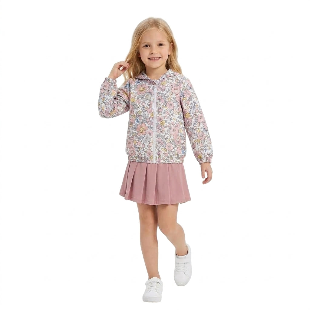 GLD1815 Baby Girls Floral Hoodie Jacket Top Pink Pleated Skirts Active Outfit