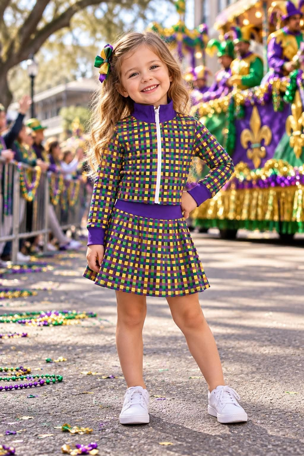 9.28 GLD1831 Baby Girtls Mardi Gra Purple Green Gold Plaid Zip Up Top and Pleated Skirt Active Outfit