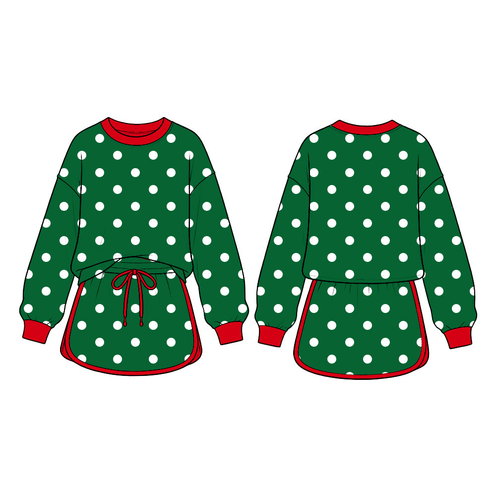 10.5 GLD1833 Preorder Green Dots Print Long Sleeve Top Skirts Girls Christmas Clothes Set