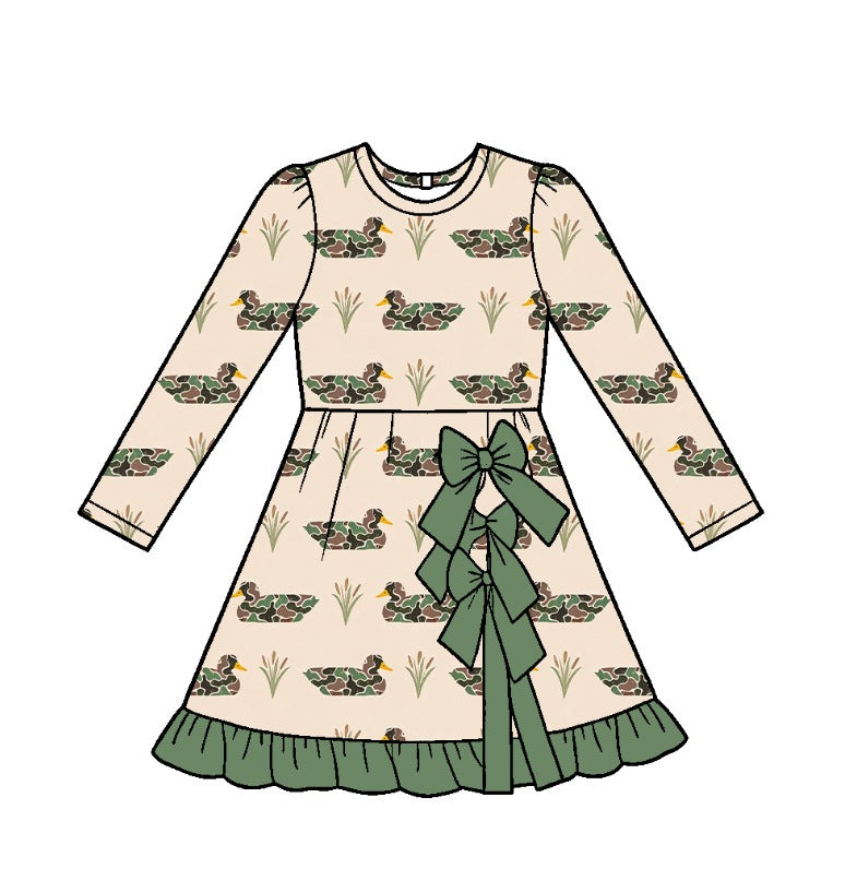 10.21 GLD1838 Preorder Kids Girls Camo Mallard Duck Long Sleeve Active Dress with Bow