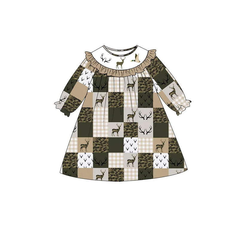 10.30 GLD1841 Preorder Kids Dress Hunting Deer Duck Patch Long Sleeve Dress