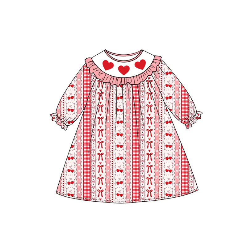 10.30 GLD1842 Preorder Hearts Red Cherry Bows Print Girls Valentine's Day Knee Length Dress