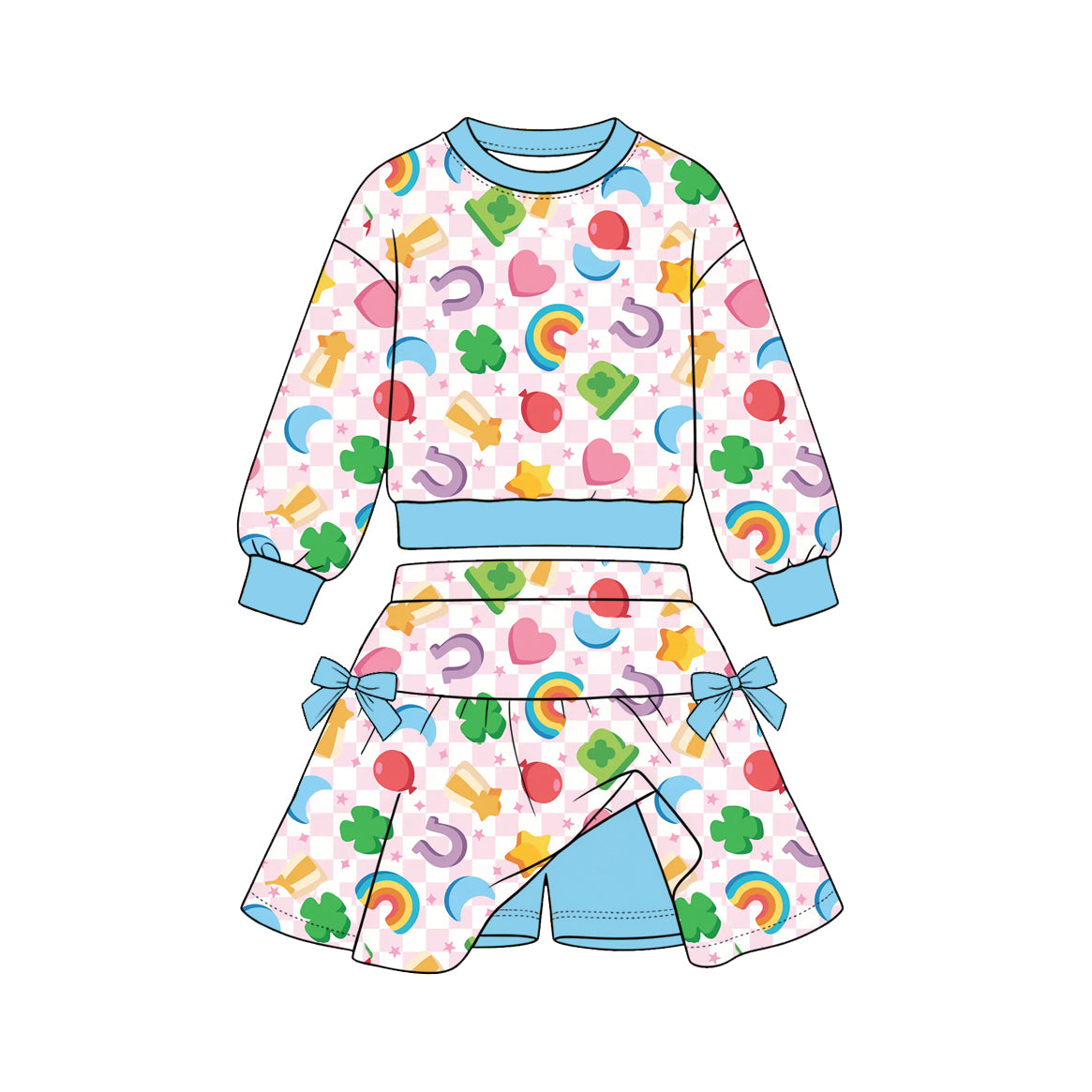 10.30 GLD1848 Preorder Kids Girls St. Patrick's Day Checkered Lucky Charm Long Sleeve Skort Outfit