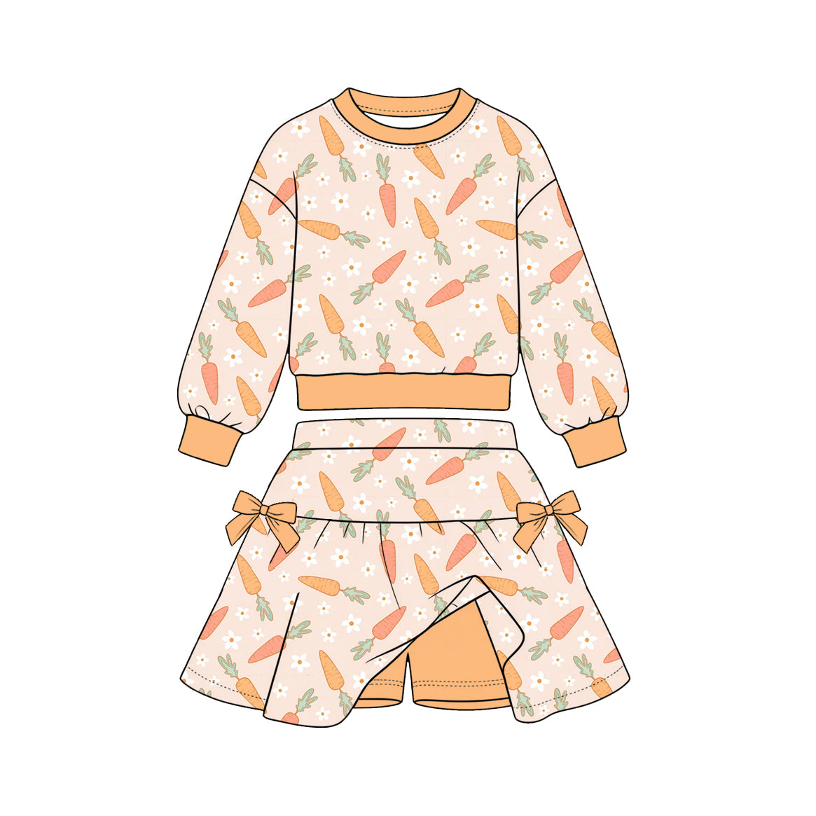 10.30 GLD1850 Preorder Kids Girls Easter carrot Long Sleeve Top Skort Outfit