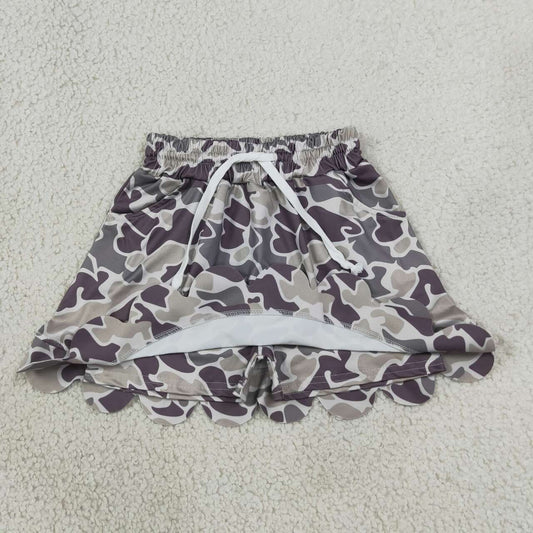 GLK0297 Dark Brown Grey Camo Baby Girls Scallop Bottom Skort