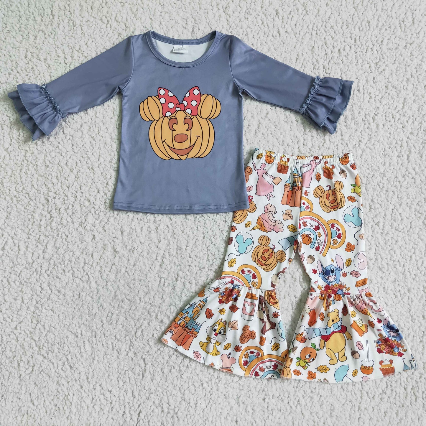 GLP0002 Cartoon Mouse Top Pumpkin Rainbow Bell Pants Girls Halloween Clothes Set