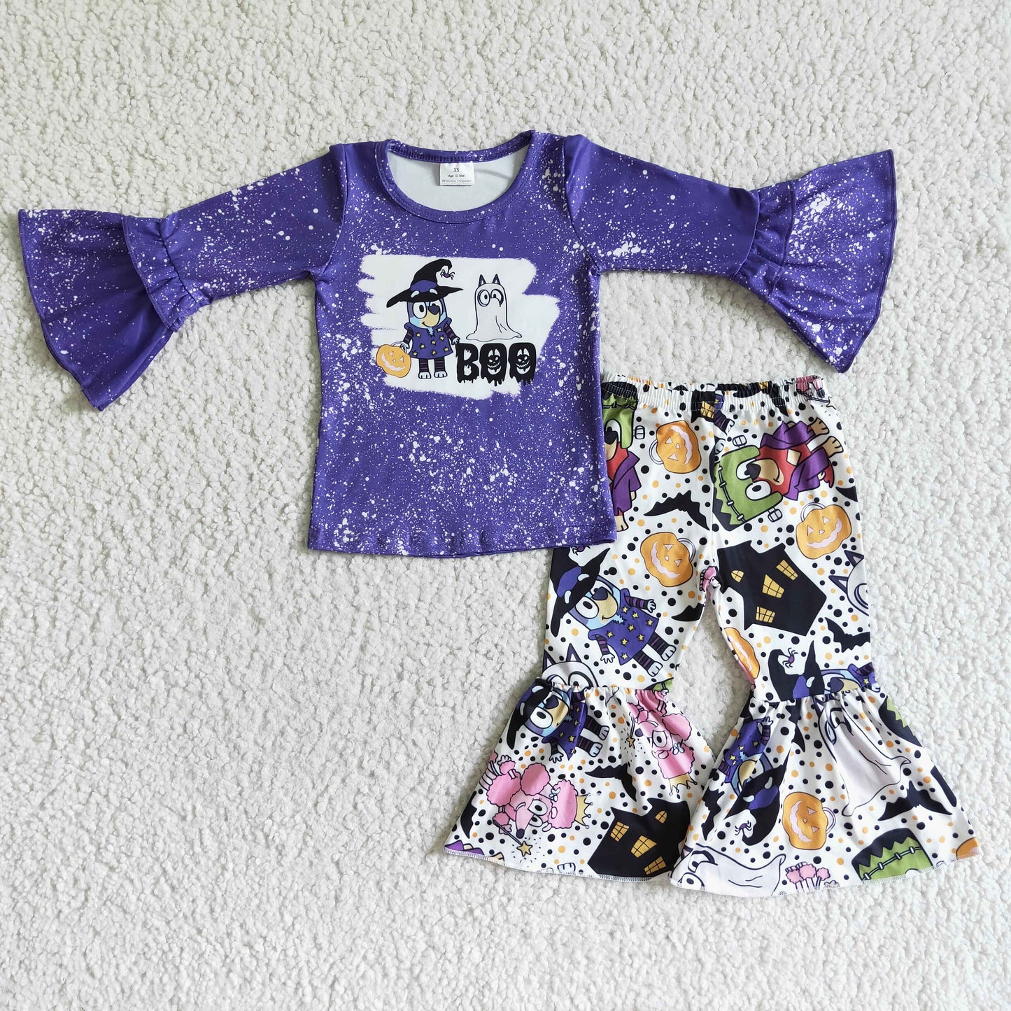 GLP0007 Cartoon Dog BOO Purple Top Bell Pants Girls Halloween Clothes Set