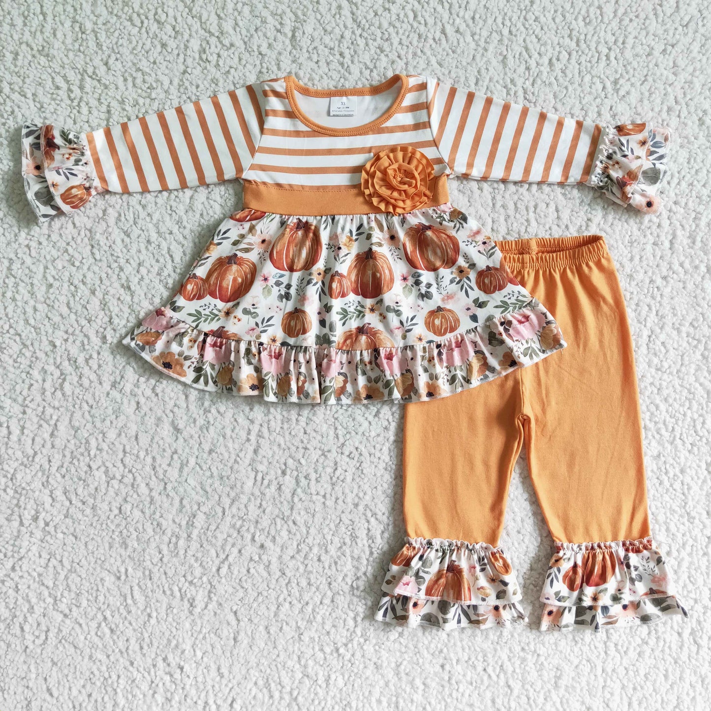 GLP0018 Pumpkin Flowers Tunic Top Ruffle Pants Girls Fall Clothes Set