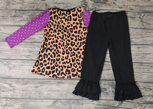 GLP0049 Pumpkin Rainbow Vibes Leopard Tunic Top Black Pants Girls Halloween Clothes Set