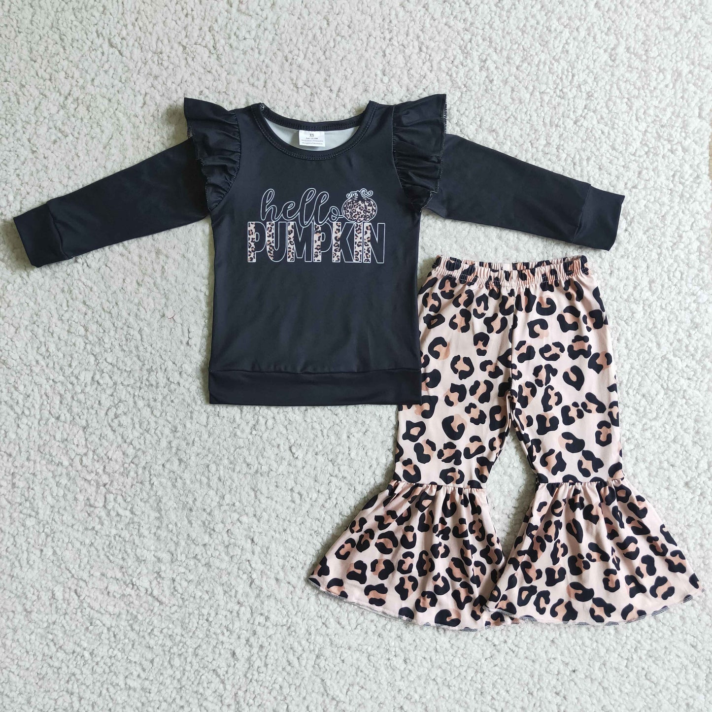 GLP0056(Promotion)Hello Pumpkin Black Top Leopard Bell Pants Girls Fall Clothes Set