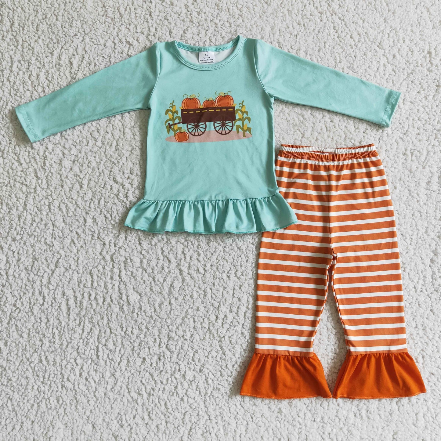 GLP0069 Pumpkin Blue Top Orange Stripes Pants Girls Fall Clothes Set