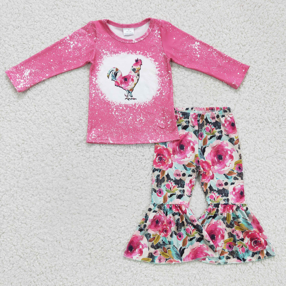 GLP0110 Chicken Pink Top Flowers Bell Pants Girls Clothes Set