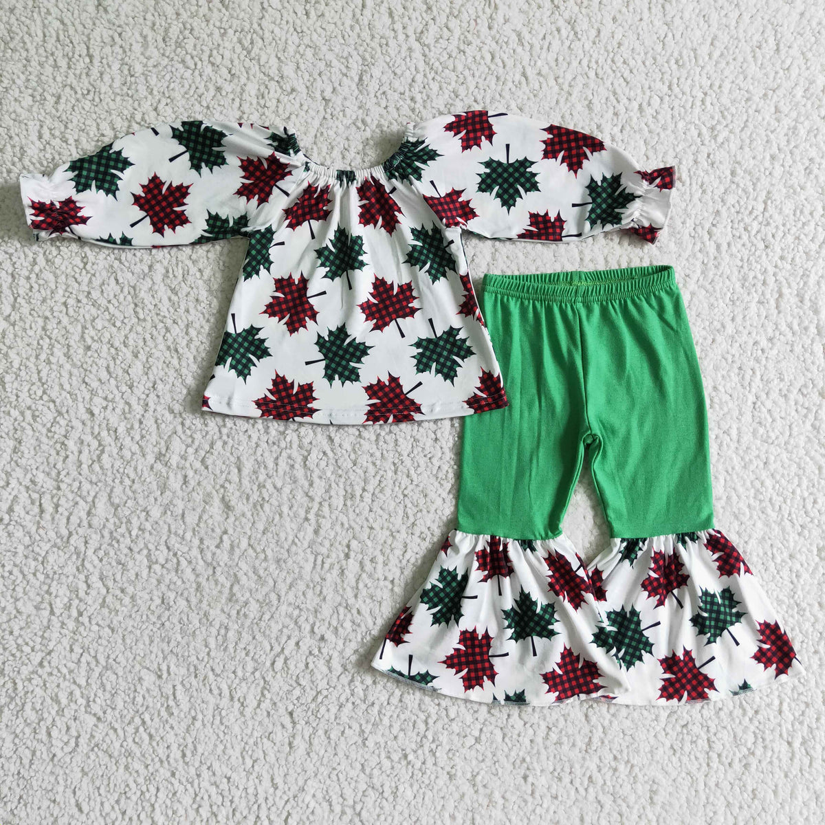 GLP0160 Maple Leaf Checkered Print Girls Christmas Clothes Set