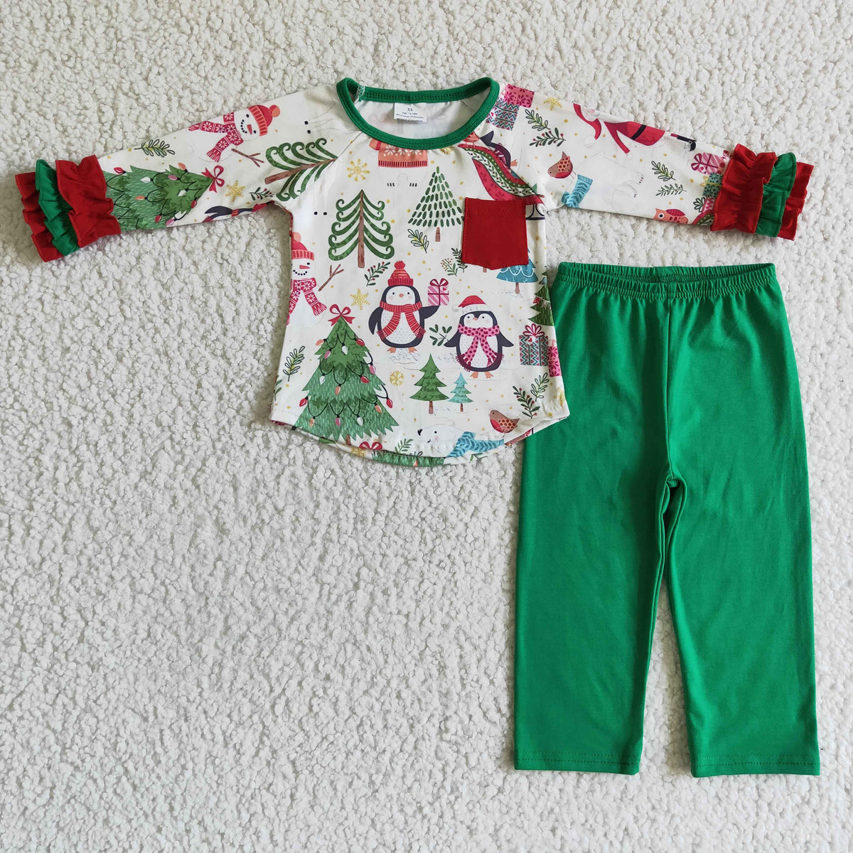 GLP0179 Snowman Penguin Top Green Pants Girls Christmas Clothes Set