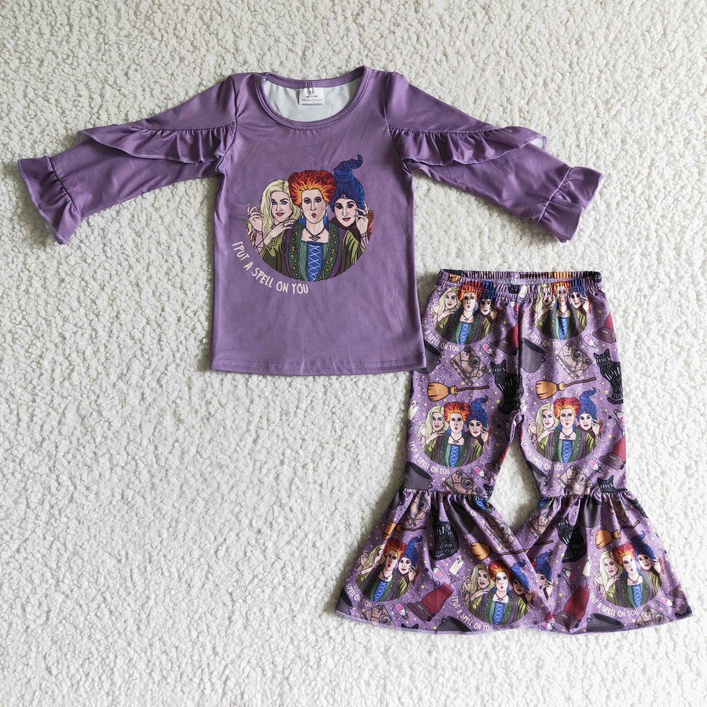 GLP0190 Witch Purple Ruffle Top Bell Pants Girls Halloween Clothes Set