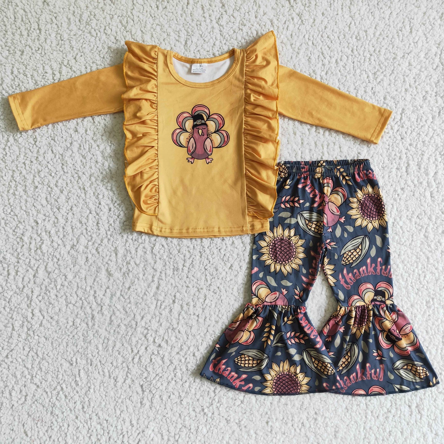 GLP0201 Turkey Ruffle Top Sunflowers Bell Pants Girls Thanksgiving Clothes Set