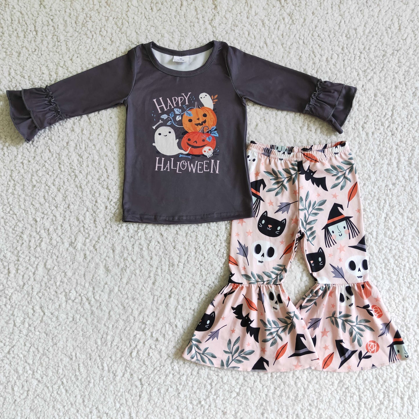 GLP0239 Ghost Pumpkin Black Top Bell Pants Girls Halloween Clothes Set