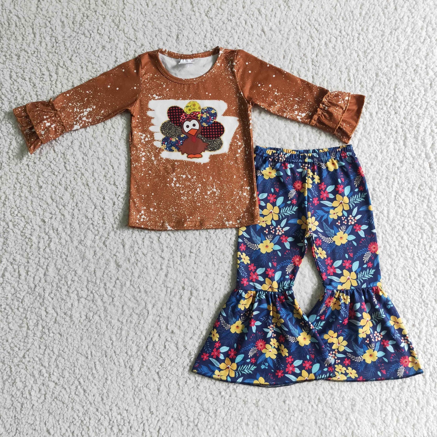 Girls turkey bleached shirt floral pants Thanksgiving outfits GLP0241