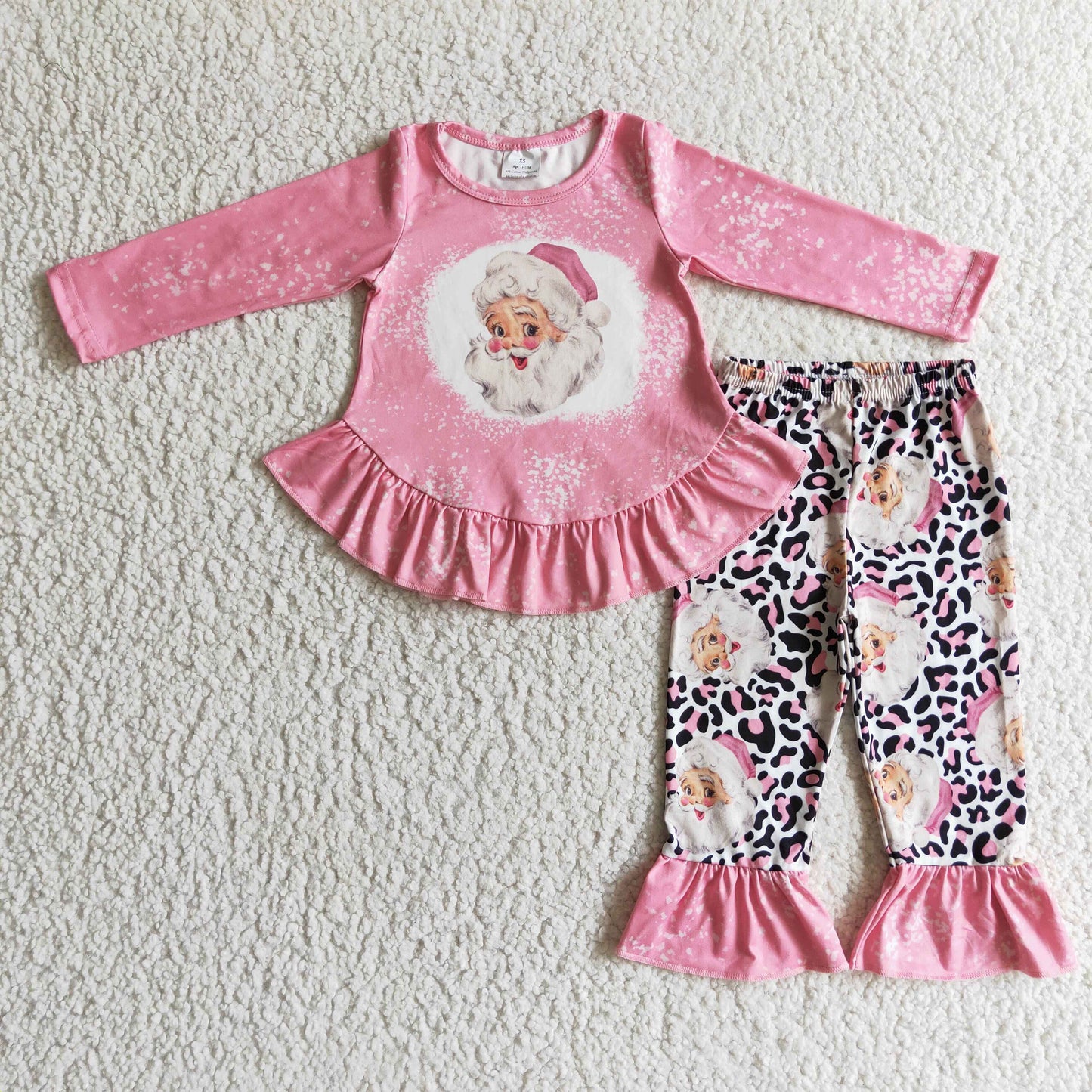 GLP0245 Santa Pink Top Leopard Pants Girls Christmas Clothes Set