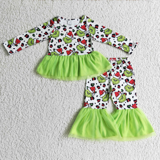 GLP0301 Green Frog Leopard Print Bell Pants Girls Christmas Tulle Clothes Set