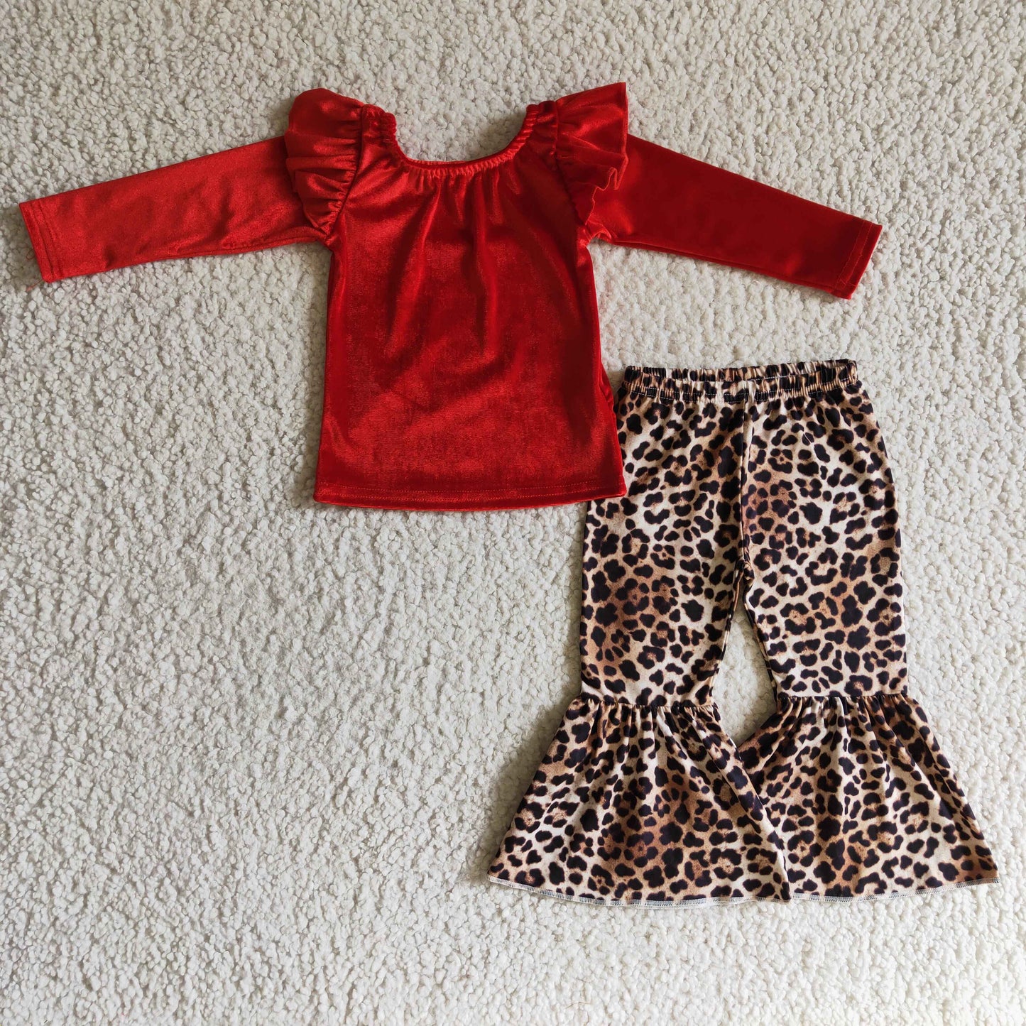 Girls wine red velvet top leopard pants outfit GLP0312