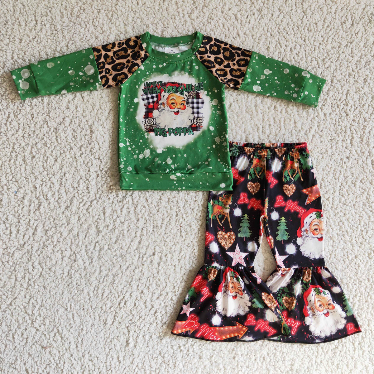 GLP0321 Santa Green Raglan Sleeve Top Bell Pants Girls Christmas Clothes Set